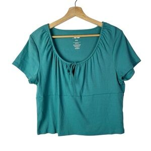 SO Teal Blue Cropped Front Tie Peasant Short Sleeve Cropped Top XXL